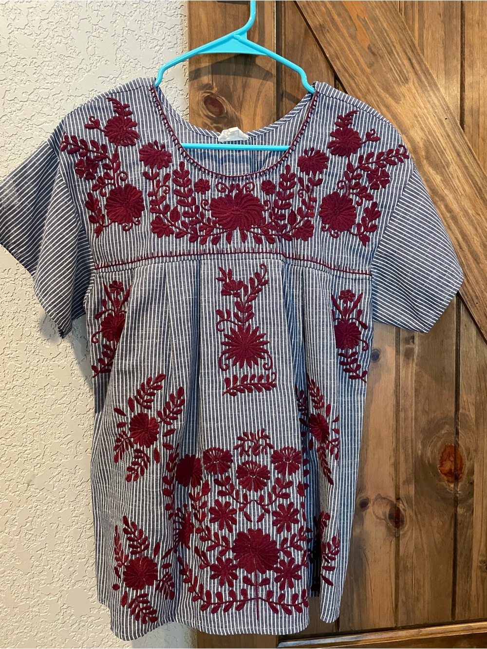 Embroidered Striped Short-Sleeve Blouse in Navy & Burgundy